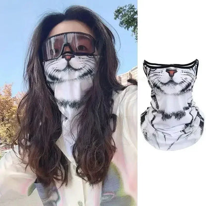 3D Ear Hanging Cycling Animal Face Mask Animal Pattern Ear Loop - Cat Design UV Sun Wind Dust Proof Balaclava for Outdoor Sports